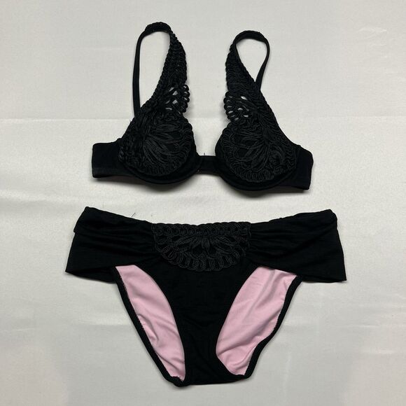 Betsey Johnson Lace Bikini Top Bottom Pink Black - Picture 2 of 10